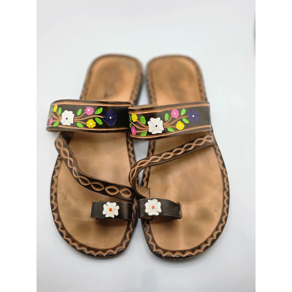 Vintage Handmade Leather Sandals Floral Toe Ring Slides Women's Size 8